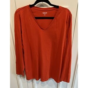 Lands End Relaxed Fit V Neck T Shirt Size 1X Long Sleeve Orange Cotton Basic